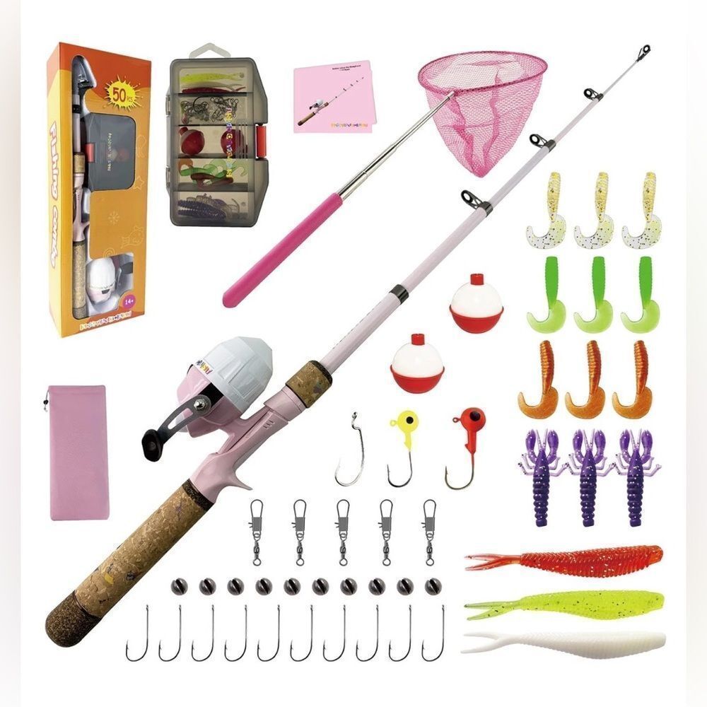 Kids Fishing Pole Set, Kids Fishing Rod and Reel Combo and Fishing Net Tackle